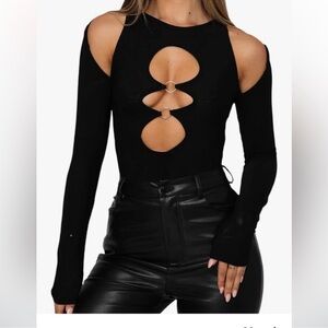Hilinker Women's Sexy Cut Out Long Sleeve Bodysuit O Ring Cold Shoulder Leotard